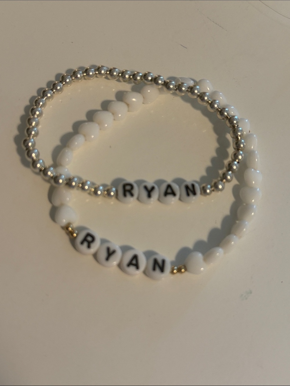 Names for Good Personalized 'RYAN' White Beaded Stretch Bracelets Set of 2 - M/L